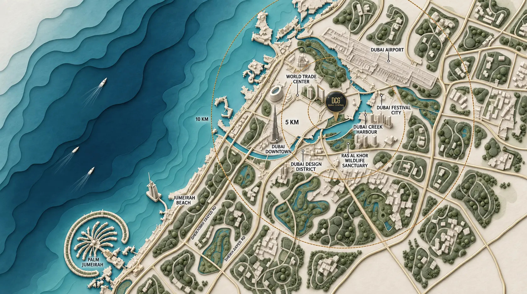 Illustrated map of Dubai landmarks around Dubai Creek Gardens