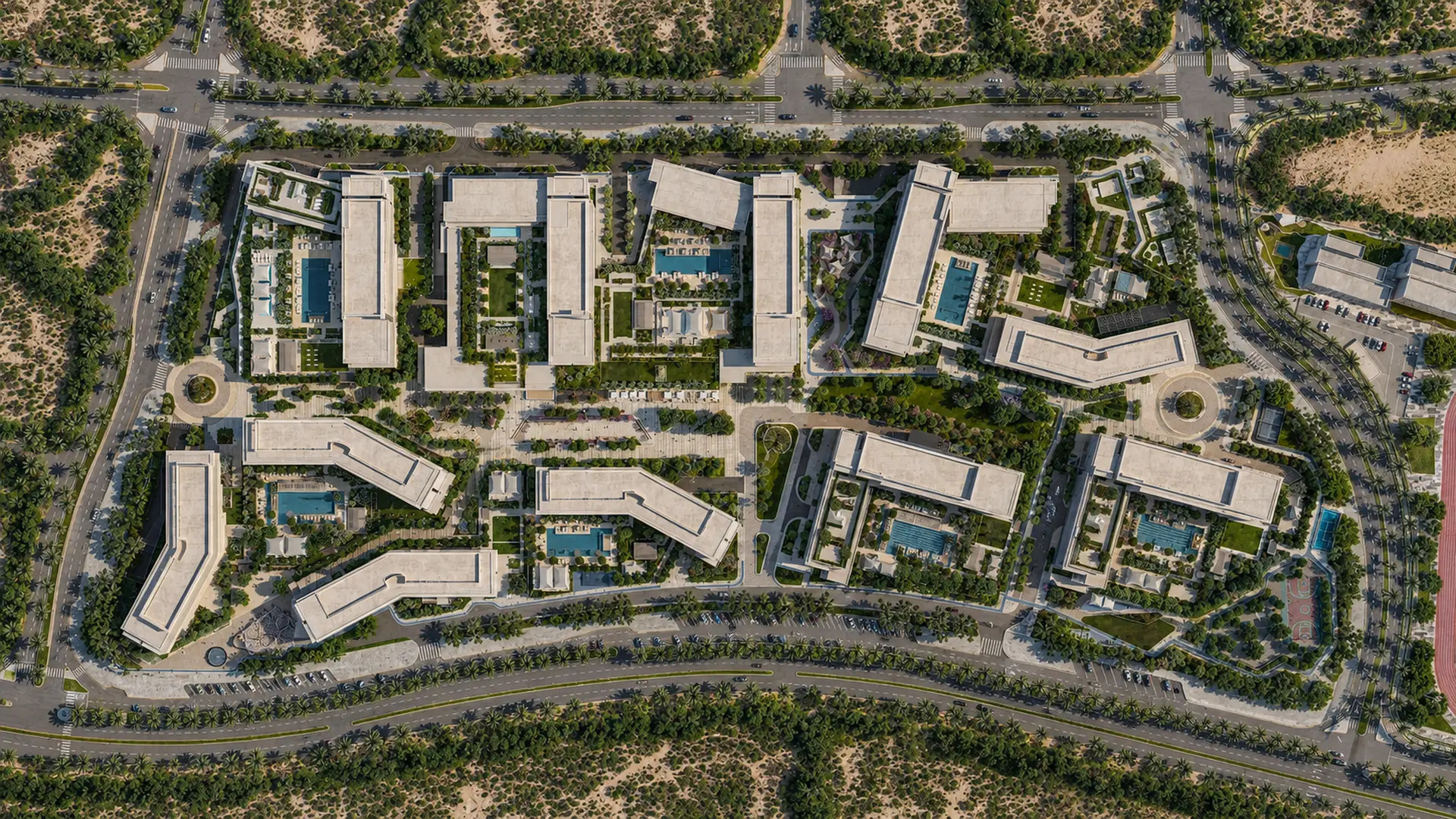 Top-down aerial masterplan of Dubai Creek Gardens