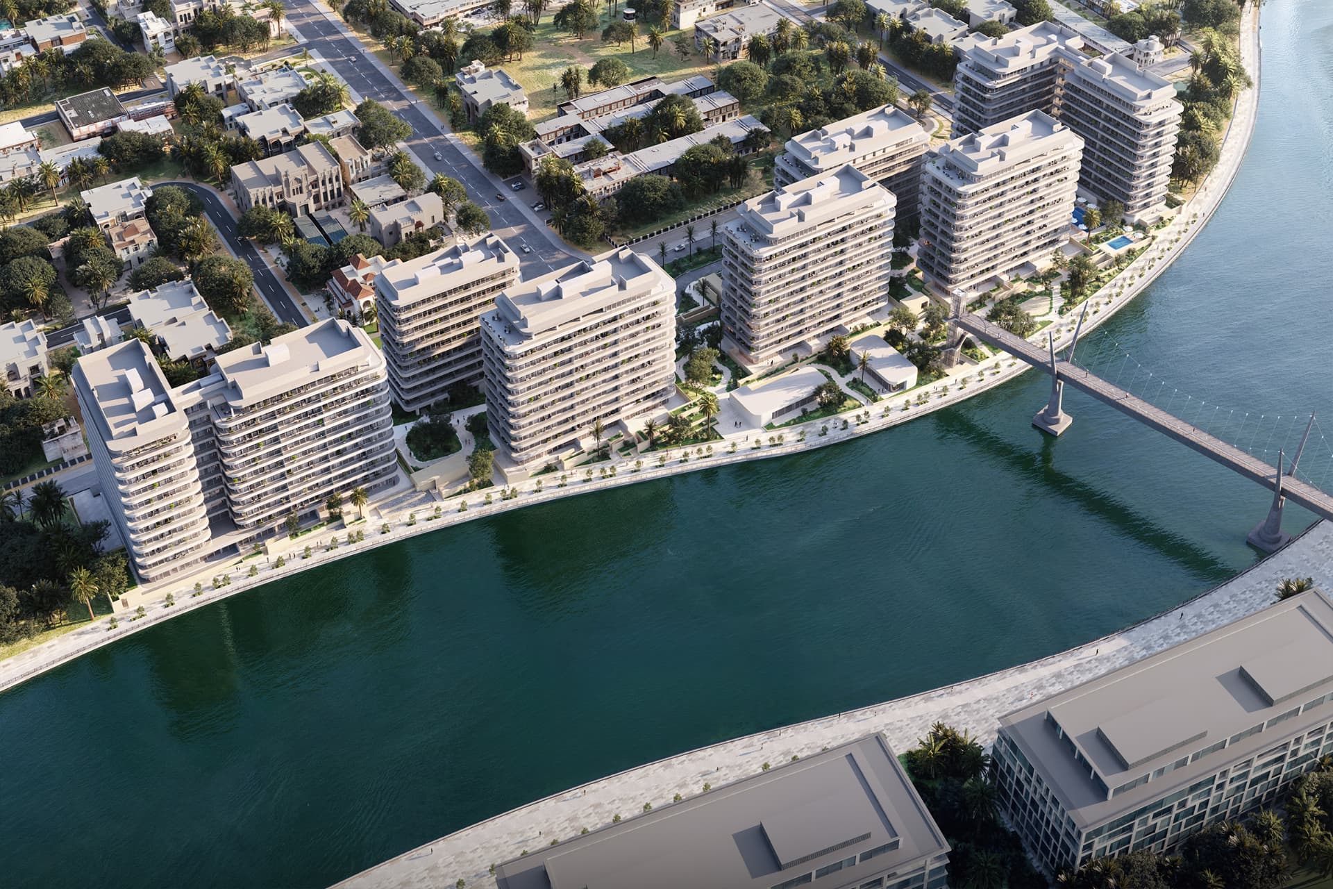 Aerial waterfront view of a Global Partners development in Dubai