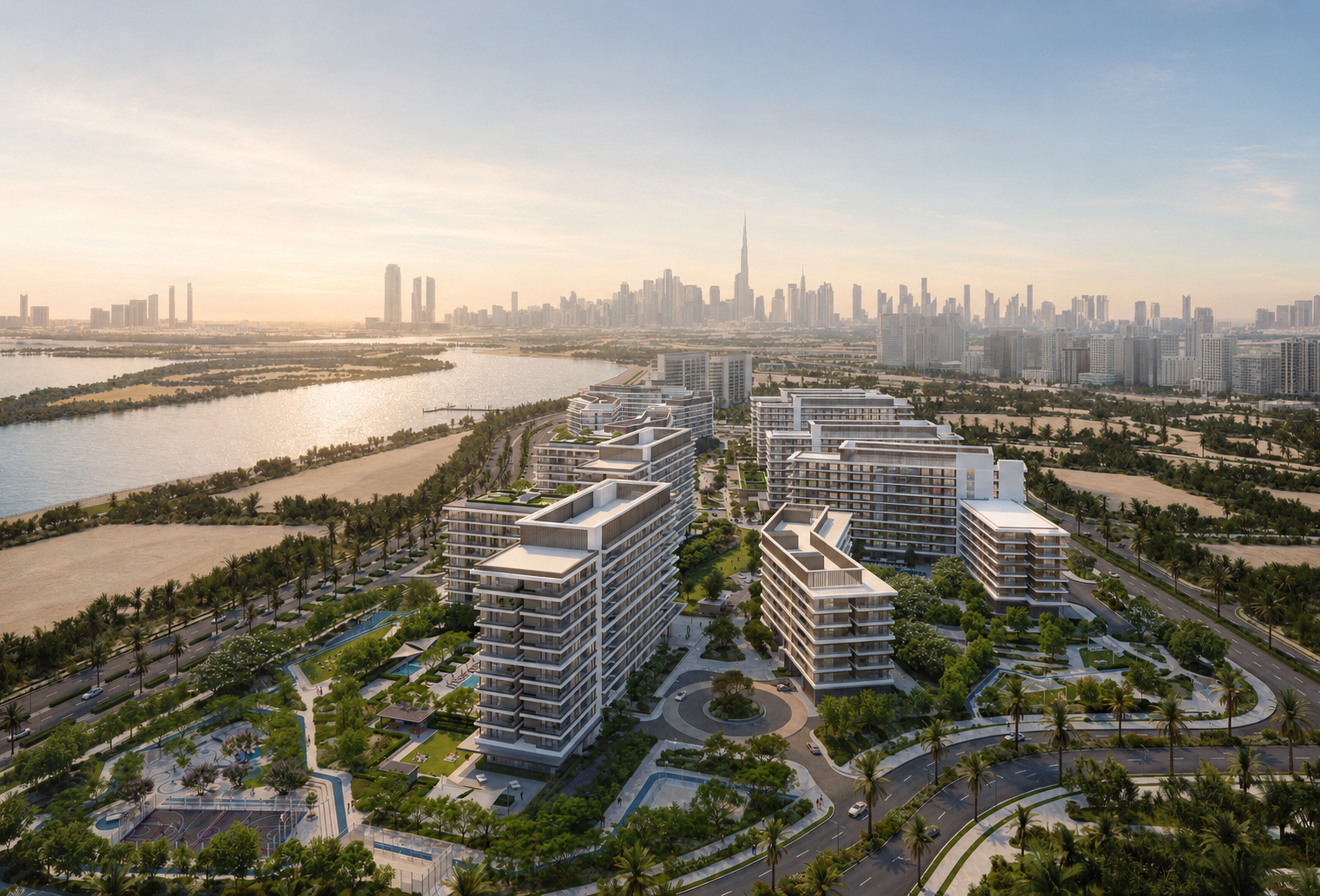 Dubai Creek Gardens overlooking the Dubai skyline at sunrise